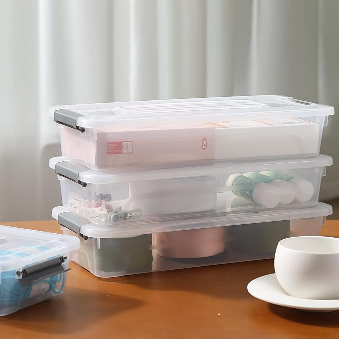 novelinks Clear Stackable Storage Bins with lid Storage Boxes Durable Plastic Organizer Containers for Home Office, Kitchen, Craft Supplies (4 Quart 8 Pack)