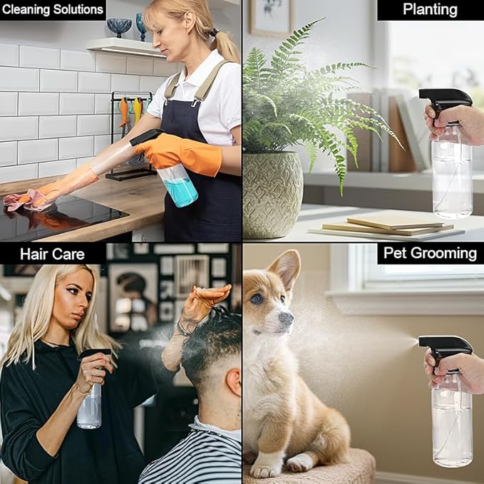 Plastic Spray Bottles 12oz 2 Pack Adjustable Mist/Stream Spraying Heavy Duty Square Water Spray Bottles for Hair, Cleaning Solutions, Plants, Cooking，BBQ，Essential Oils (BlackClear)