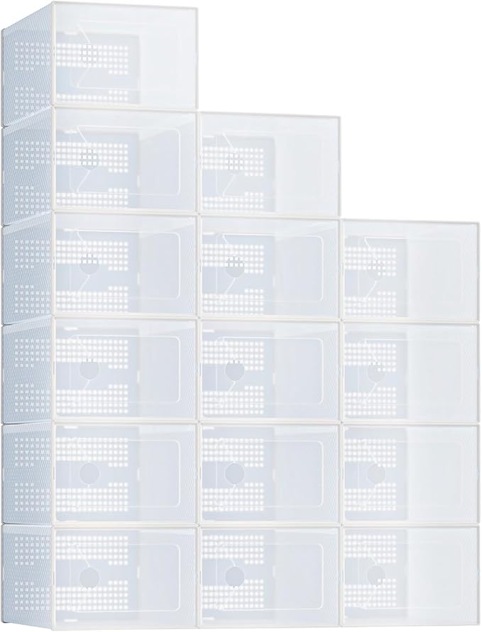 DUMOS Clear Shoe Storage Boxes, 15-Pack Plastic Stackable Shoe Containers with Lids, Display Sneaker Case Organizer for Closet, Under Bed, Entryway,White (Fit Size 9)