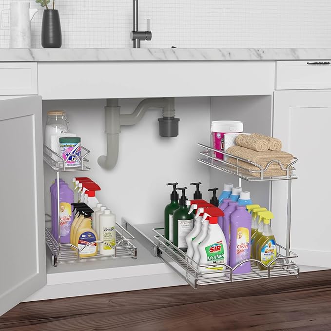 OCG Under Sink Cabinet Organizer Two Tier Pull Out Shelf (14.75W x 17D), Under Sink Sliding Shelf for Kitchen Bathroom Cabinet 2 Tier Chrome