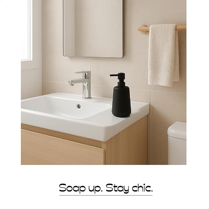 2 Pack Soft Touch Rubber Coating Matte Black Ceramic Soap Dispenser, 13 oz Refillable Pump Bottle for Bathroom or Kitchen Countertop, Non-Slip and Comfort Grip