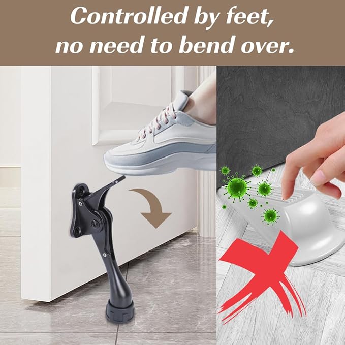 Kickdown Door Stopper 4 Inches - 2 Packs One Touch Adjustable Height Door Stop for The Bottom of Door The Bottom of Door Aluminum Alloy Metal Door Stopper with Rubber Tip Black