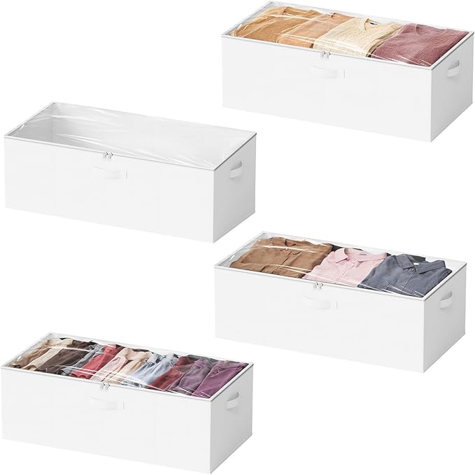 SpaceAid 4 Pack 10" High Under Bed Storage Containers, Large Underbed Storage Organizer Bins with Lids for Bedroom, Dorm, Clothes, Closet Organization, Bed Sheets and Blankets (White)
