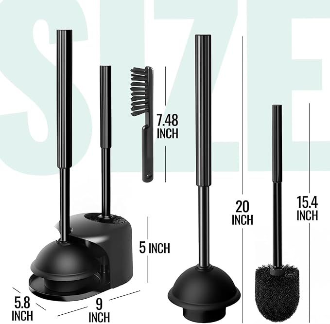 3PACK 4 in 1 Toilet Brush and Plunger Set with Crevice Cleaning Brush, Toilet Plunger and Brush Set with Extra Long Handle, Plungers for Bathroom Accessories, Toilet Plunger with Holder, Black