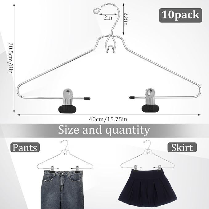 Ripeng 10 Pcs Stackable Skirt Pants Clothes Metal Hangers,Heavy-Duty Skirt Metal Hangers with Adjustable Clips,Space Saving Multi Stackable Add on Organization for Jeans Towels Trousers Ties Socks