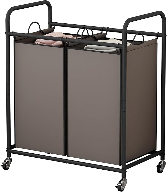 SUOERNUO Laundry Hamper Basket 2 Bag Laundry Sorter Cart with Rolling Lockable Wheels and Removable Bags Laundry Organizer Cart for Clothes Storage, Assorted