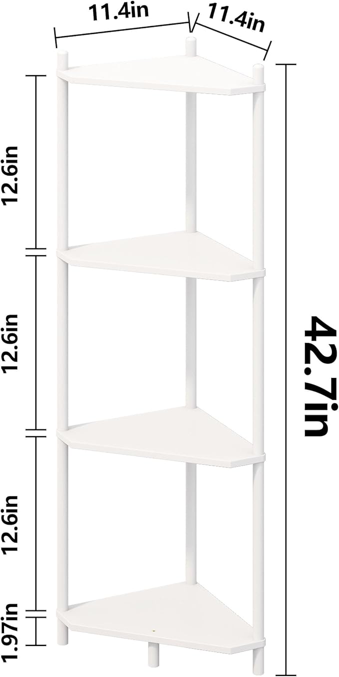 Corner Shelf Stand - 4 Tier Bamboo Small Corner Bookshelf for Office Kitchen Bedroom Plant Stand Living Room Decor Small Space (White, 4 Tier)