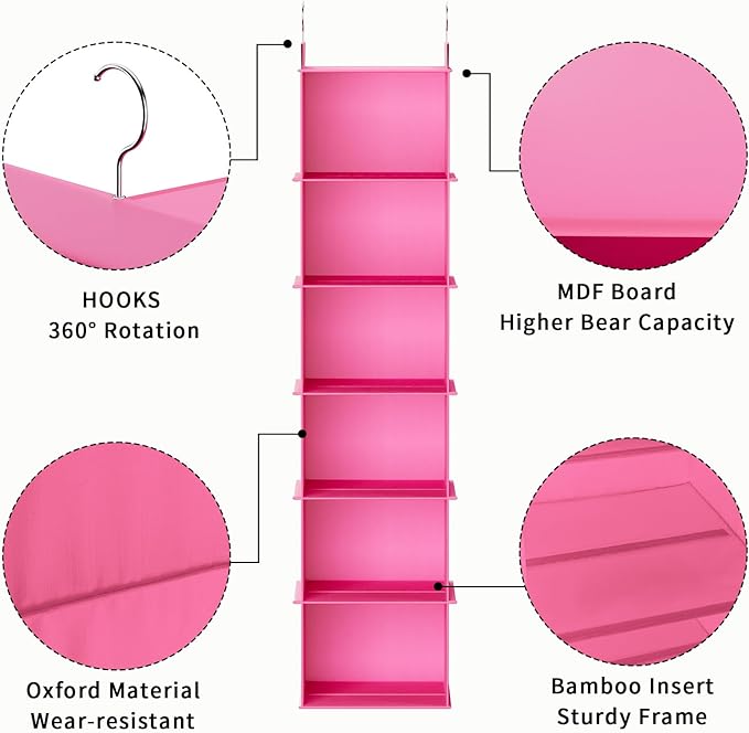 YOUDENOVA Hanging Closet Organizer, 6-Shelf Closet Hanging Shelves, Pink