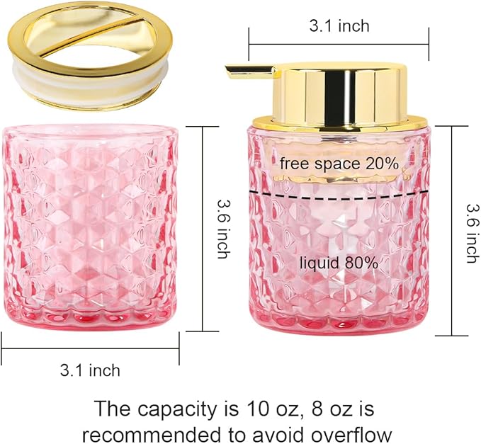 Pink Bathroom Accessories Set,2pcs Glass Bathroom Accessory Set with Foam Soap Dispenser and Toothbrush Holder,Gold Soap and Toothbrush Holder Sets,Perfect for Housewarming Gift,Home Decor