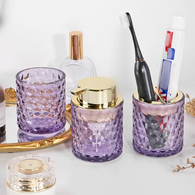 Bathroom Accessories Set, 3pcs Purple Glass Bathroom Accessory Set,Toothbrush Holder, Foaming Soap Dispenser and Tumbler, Gold Bathroom Decor Sets for Organizer, Home Apartment Gift