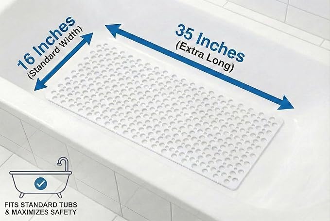 Mantto Nonslip Bath Tub Shower Mat with Suction Cups, Extra Soft TPE Bath Mat for Kids, Bathtub Bathroom Mats, Machine Washable, Smooth/Non-Textured Tubs Only, 35L x 16W Inch(White)