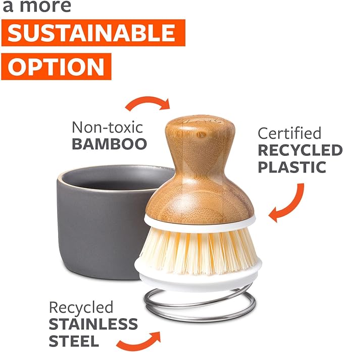 Full Circle Bubble Up Bamboo Dish Brush & Ceramic Soap Dispenser – Family Safe, Formaldehyde-Free – Kitchen Scrub Brush for Dishes, Nonstick & Cast Iron, Gray