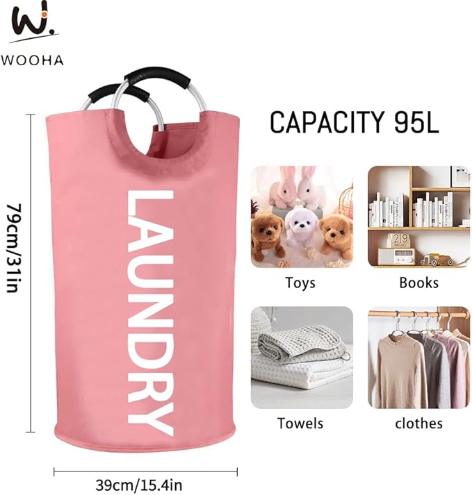 WOOHA 95L Large laundry basket,Collapsible laundry hamper, Tall Clothes Baskets Folding Washing Bin Foldable Fabric Hamper Bags for Bedroom, Closet,Bathroom,College,laundry bag,pink