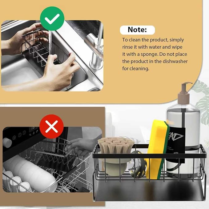 KABUM Sponge Holder Drain Rack for Kitchen Sink - 4-in-1 Organizer Holds Sponge, Soap, Stopper & Mini Brush, 9” Long Rustproof Carbon Steel Tray, Essential Kitchen Storage for a Tidy countertop, Grey