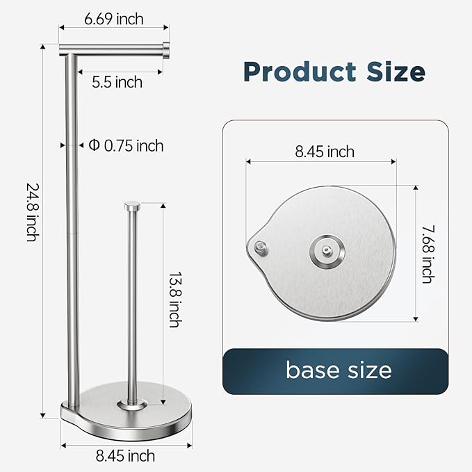 theaoo Heavy-Duty Toilet Paper Holder Stand – Modern Freestanding Bathroom Toilet Tissue Paper Roll Holder with Reserve & Storage, Stainless Steel (Silver, Free Standing)