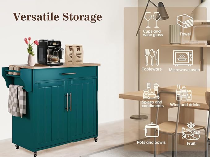 Kitchen Storage Island, Wooden Rolling Kitchen Island On Wheels with Countertop, Mobile Kitchen Island Cart with Towel Rack, Spice Rack and Drawers, Green