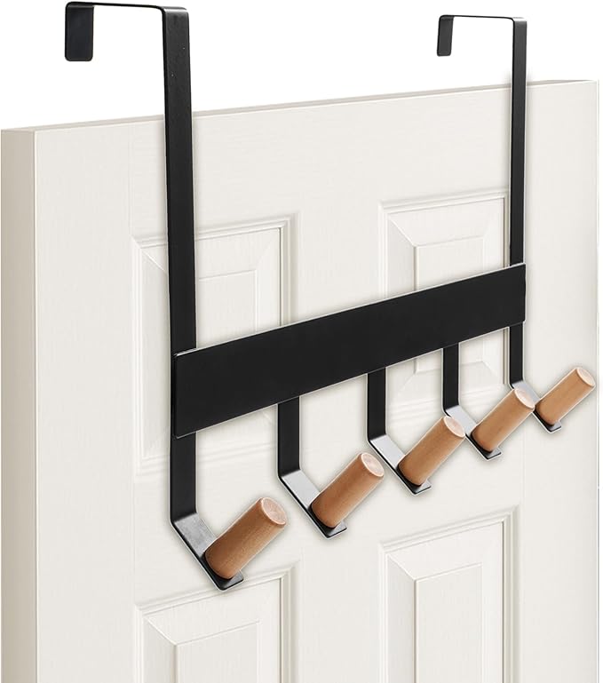 A&M Shops Over The Door Hanger - Heavy Duty Metal Door Hanger with Lotus Wood Tip for Bathroom & Bedroom - Coat Rack Organizer with 5 Stylish Towel Hooks for Door, Clothes & Bags - Black - Pack of 2