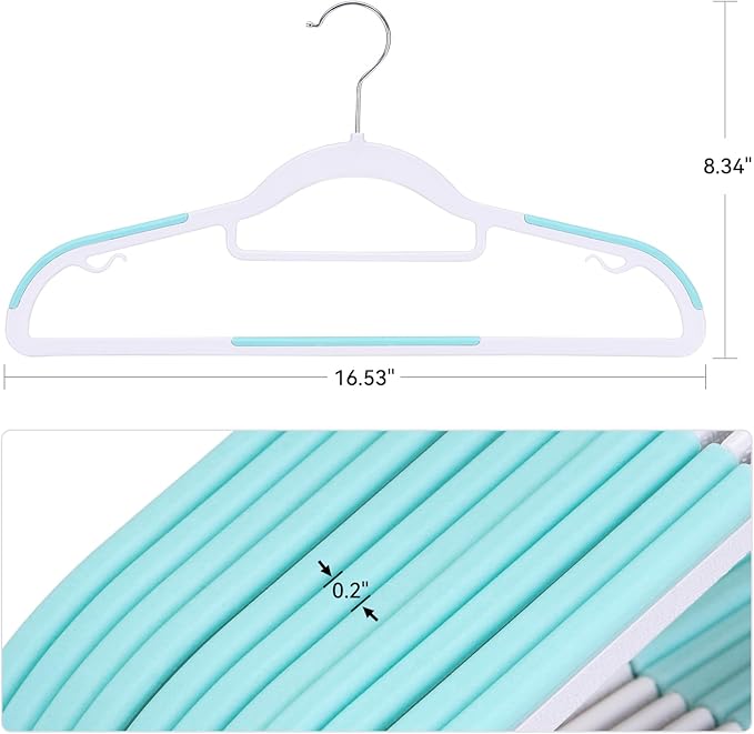 Tonswachic Pack of 50 Coat Hangers, Space-Saving Plastic Clothes Hangers, Non-Slip, 0.2 Inches Slim, 360° Swivel Silver Hook for Shirts, Pants, Suit & Wet/Dry Garments, Blue and White