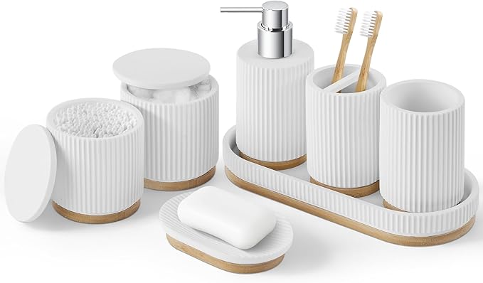 7PCS Bathroom Accessories Set, with Soap Dispenser, Q-tip Holder, Toothbrush Holder, Tumbler, Soap Dish, Vanity Tray, Complete Bathroom Accessory Set Organizer Countertop for Modern Home Decor, White
