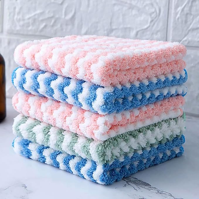Coral Fleece Striped Rag Cleaning Dish Cloth, Circulatik Microfiber Cleaning Rag, Non Stick Oil Fast Drying Reusable Washable Towels (5PCS)