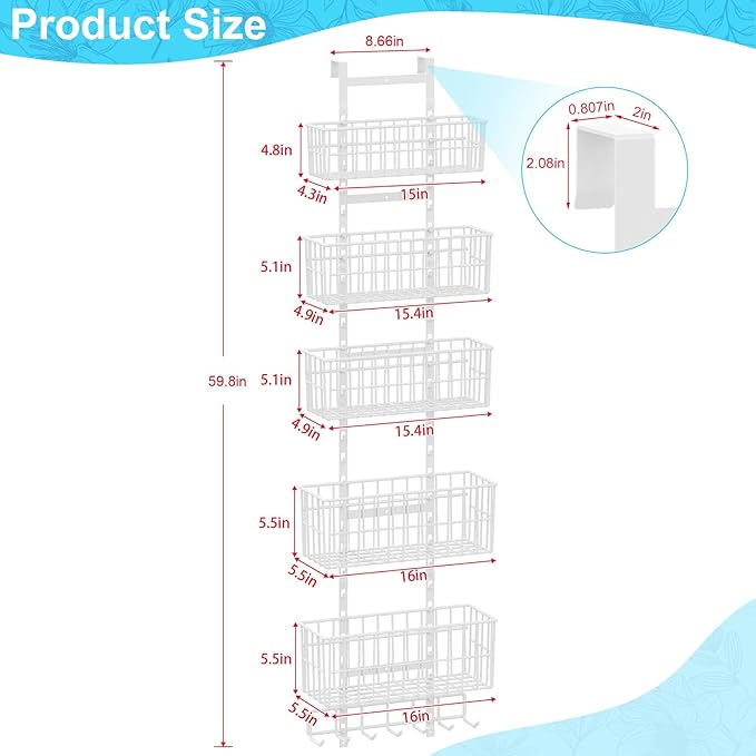 Adjustable Over The Door Organizer, Metal Hanging Door Organizer with 5 Wire Basket 7 Hooks, Wall Mounted Shelf for Pantry Closet Organization and Storage, White