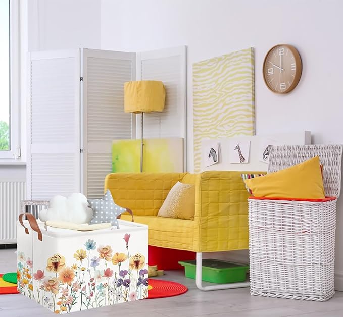 Rectangular Storage Basket Empty,Toys Storage Bin with Handles,Baby Room Decor,Gift Basket,Book Box(Flower)
