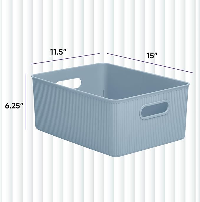 Superio Ribbed Collection - Decorative Plastic Basket Open Home Storage Bins Organizer, Large Blue (4 Pack) Container Boxes for Organizing Closet Storage Bins for Shelves 15 Liter/16 Quart