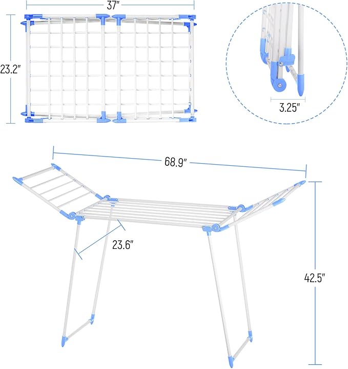 YUBELLES Clothes Drying Rack, Gullwing Laundry Rack, Collapsible, Space-Saving Laundry Rack, with Bonus Sock Clips, for Clothes, Towels, Linens, Indoor/Outdoor, Blue