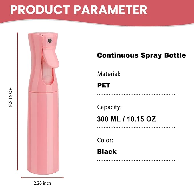 Spray Bottle for Hair (10.15OZ /300ML) Continuous Ultra Fine Mist Sprayer for Hair, Salons, Barber, Plants, Skin Care, 1 Plack Pink