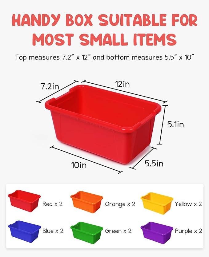 GAMENOTE 6 Quart Storage Bins with Lids-12 Pack Rainbow Plastic Latching Box for Classroom&Kids Toy Storage Opaque Stackable Shoe Box Size Containers for STEM Morning Tubs, Crafts & Building Blocks