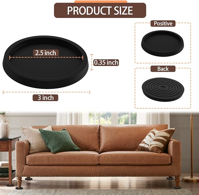 Furniture Coasters Non-Slip Bed Leg Pads Round Rubber Anti Sliding Caster Cups for Hardwood Floors Black 8PCS 2.5inch