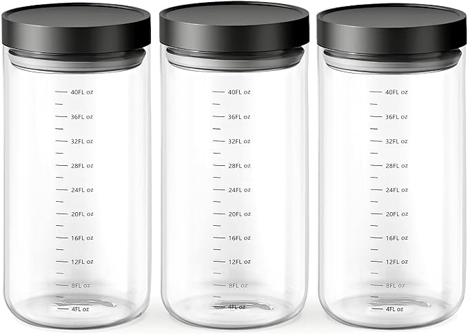 Danbark Set of 3 42oz Airtight Glass Storage Canisters with Lids - Pantry Organizers and Storage Glass for Kitchen - for Pantry, Flour, Sugar, Coffee, Tea, Pasta, Rice, and Snacks - Black