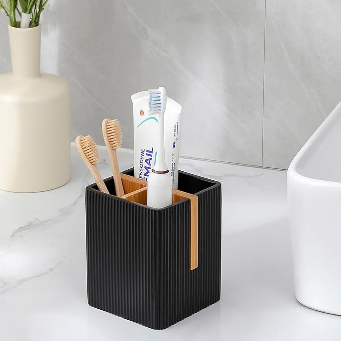 rejomiik Toothbrush Holders for Bathrooms Countertop, 3 Slots Electric Tooth Brushing and Toothpaste Storage Organizer Stand for Toiletries and Beauty Accessories, Black