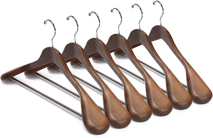 Nature Smile Luxury Wooden Suit Hangers 6 Pack Wood Coat Hangers Jacket Outerwear Shirt Hangers,with Extra-Wide Shoulder, 360 Degree Swivel Hooks & Anti-Slip Bar with Screw(Retro Color)