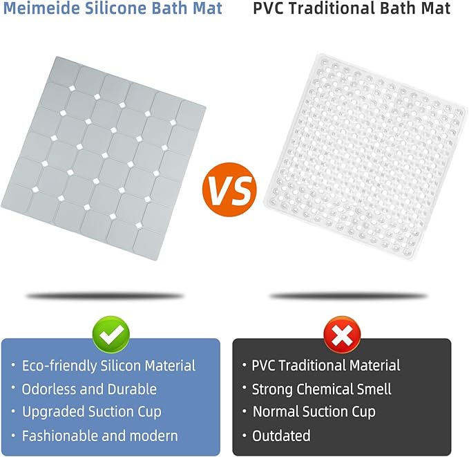 MEIMEIDE Shower Mat Non Slip 21"x21" Silicone Foldable Bath Mat with Suction Cups & Drain Holes, Odorless, Eco-Friendly & Durable, Machine Washable Shower Stall Mat for Adults, Seniors Grey