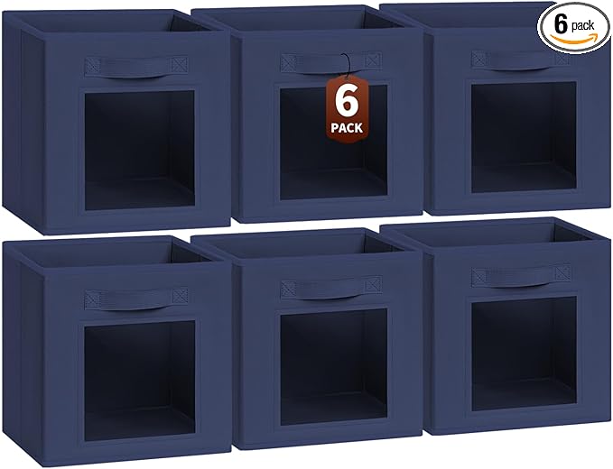 Storage Cube 11 Inch - Cube Storage Bins with Window, Closet Storage Baskets with Handle, Fabric Bins for Closet, Shelves, Toys, Clothes, Set of 6, Navy Blue