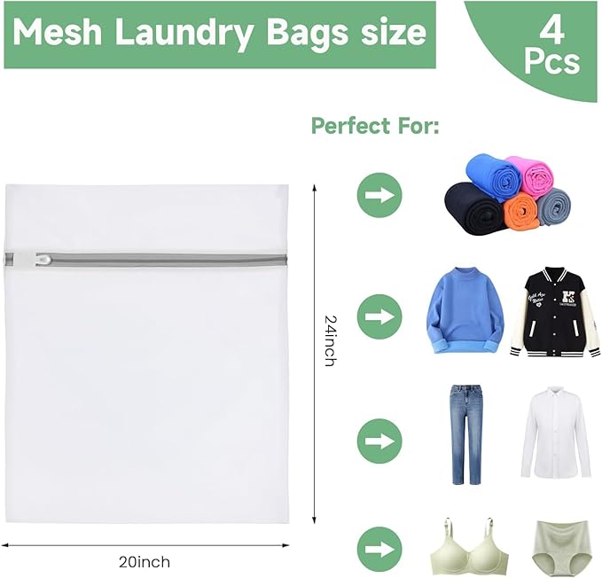 Laundry Bags Mesh Wash Bags, Durable Delicate Laundry Bag for Lingerie, Bras, Baby Clothes, Blouse, (4pcs 20 X 24 Inches), White