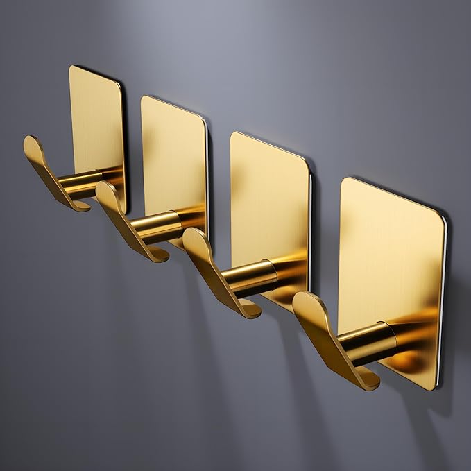 DELITON Adhesive Hooks - 4 Pack Gold Towel Hooks for Hanging Coat/Robe, Heavy Duty Stick on Wall for Bathroom and Kitchen