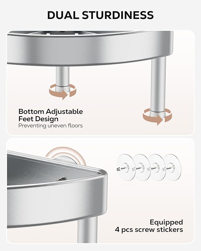 Nieifi Corner Shower Caddy Stand-4 Tier Rustproof Anodized Aluminum Standing Shower Organizer-Shower Caddy Corner-Dual Stability to Anti-Shaking-Height-Adjustable Legs for Uneven Surfaces-Silver