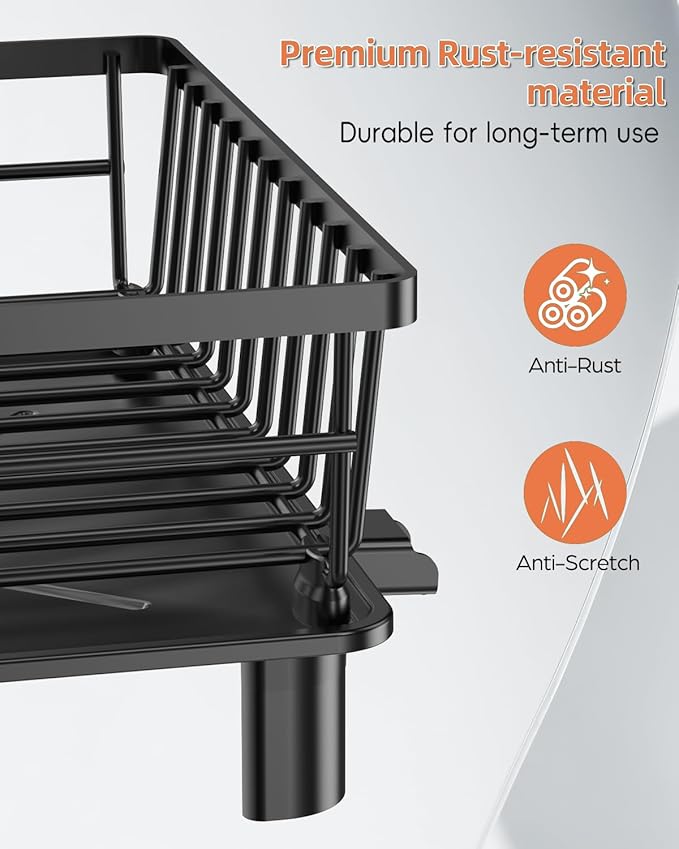 Dish Drying Rack, Stainless Steel Drainer Rack with Drainboard with Smart Drainage System, Space Saving Dish Strainer for Kitchen Counter with Cutlery Holder, Black