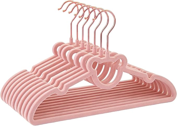 60 Pack Pink Velvet Baby and Kids Clothes Hangers - 12.6in for Ages 4-10, with Cute Bear, Rotating Rose Gold Hook, Non-Slip, Space-Saving Slim Felt Hangers for Toddler Coats, Jackets, Dresses