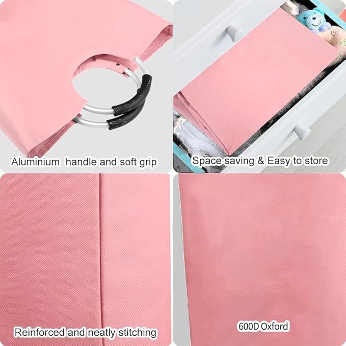 WOOHA 95L Large laundry basket,Collapsible laundry hamper, Tall Clothes Baskets Folding Washing Bin Foldable Fabric Hamper Bags for Bedroom, Closet,Bathroom,College,laundry bag,pink