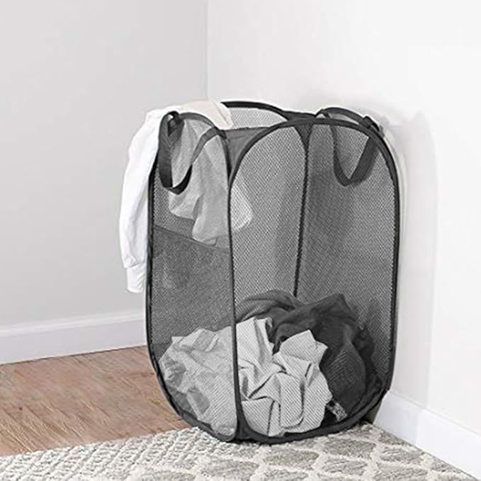 Mesh Pop up Laundry Hamper with Portable Handles, Collapsible Laundry Basket for Storage, Folding Pop-Up Clothes Hampers for Home, College Dorm or Travel, Black