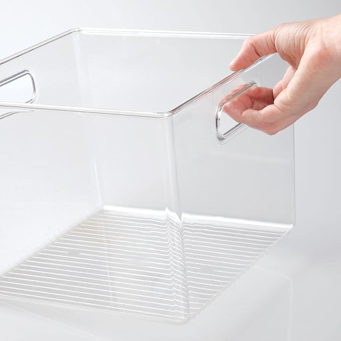 mDesign Plastic Modern Kitchen, Pantry Food Storage Container Bin w/ Handles - Cabinet, Fridge/Freezer, Countertop Organizer - Snacks/Drink/Appliances; Ligne Collection, Clear, 10x10x7.75 (Pack of 1)