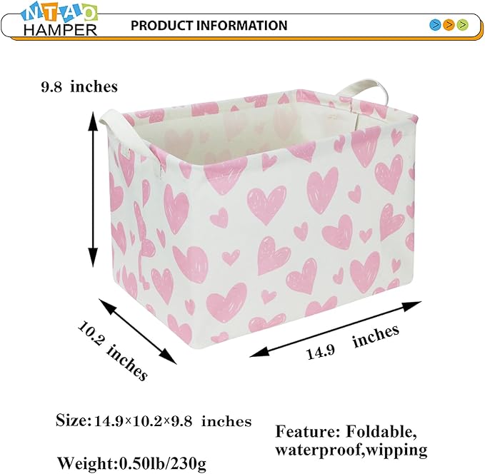 Rectangular Pink Heart Fabric Storage Basket, Books Box, Lovely Storage Trunk, Room Decor, Gift Basket(Pink Heart)