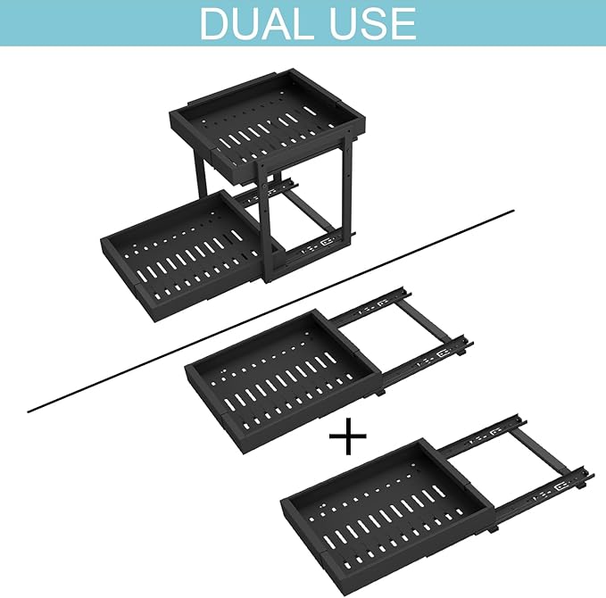 Golener 2-Tier Expandable Pull Out Cabinet Organizer - Pull-Out Drawers for Kitchen Cabinets, 2 Slide Home Storage Organizers, Slide Out Shelves for Base Cabinet Organization in Kitchen, Black Metal