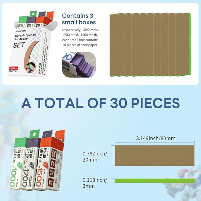 stedi Sanding Sponge for Model Gundam Building,3mm Hobby Model Tools Hand Sanding Block Waterproof Wet Dry Reuse #1000#1200#1500 Grit Sandpaper, 30 Sheets