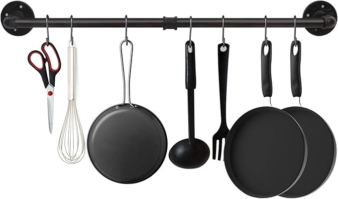 34.3 inch Industrial Pipe Pot Bar Rack with 15 S Hooks Rustic Iron Pots and Pans Hanging Rail Pipe Towel Holder Wall Mounted Detachable Kitchen Utensil Pan Lid Organizer Black