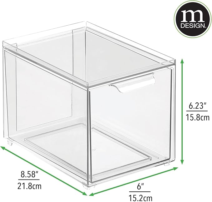 mDesign Plastic Closet Organizer Bin w/Pull Out Drawer - Slim Stackable Storage for Closet - Organization for Accessories, Bags, Totes, Small Linens, and More - Lumiere Collection - Clear