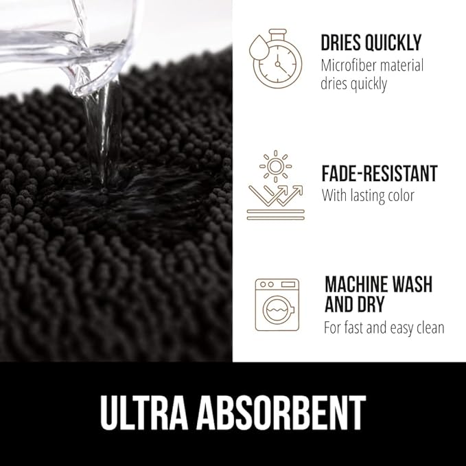 GORILLA GRIP Plush Absorbent Shaggy Chenille Bath Rug Mat for Oval Toilet Base with Rubber Backing, Machine Washable Rugs, Soft Microfiber Contour Mats for Toilets, Bathroom Decor, Black